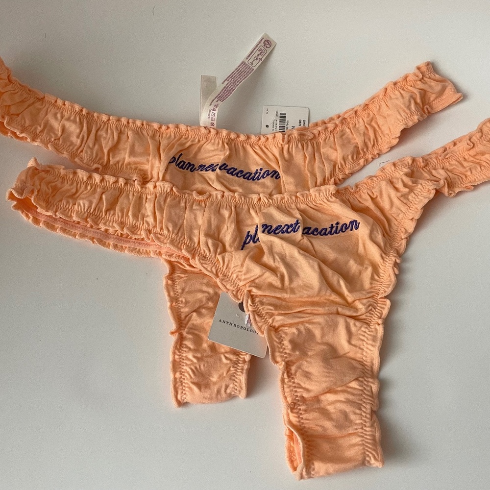 NWT Anthropologie LyreBird Embroidered Thong Panties Plan Next Vacation PEACH M